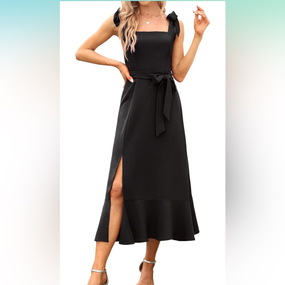 Elegant Black Midi Dress with Bow Straps